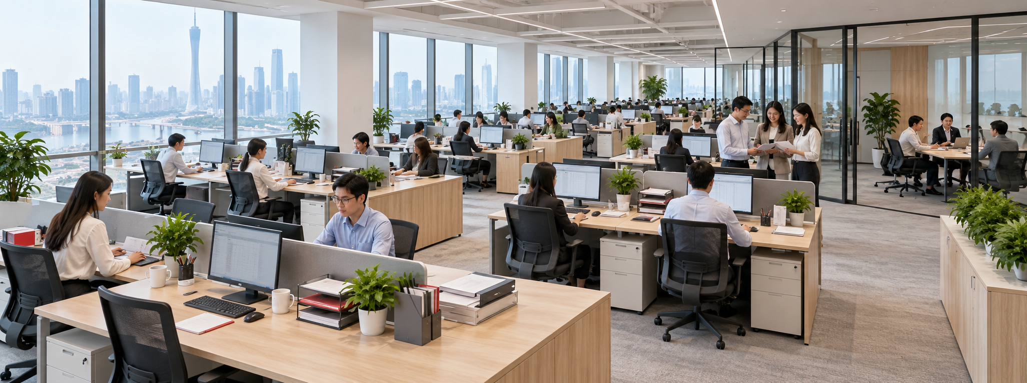 约150人规模财税企业的办公全景（AI生成示意图）